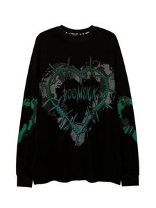 Jeans Houzhou Gothic Punk Green Print Long Sleeve Tshirts Women Grunge Oversize Haruku Streetwear Hippie Oneck Black Top Pullover