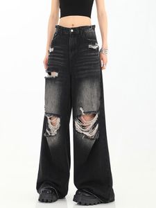 Abiti in stile americano Donne vintage battiti pantaloni in jeans strappati dritti sciolti gamba larga jean pantaloni hip hop femminile