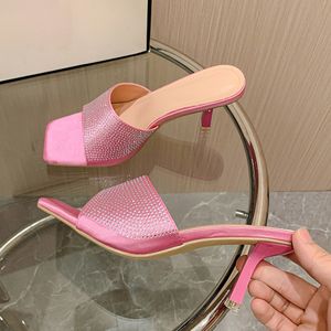 Pantofole estive con punta quadrata per donna Accogliente cristallo di seta Fashion Party Scivoli Scarpe Ciabatte Tacchi alti Sandali gladiatore Rosa