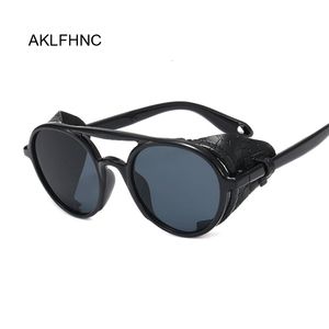 PU Leather Frame Punk Sunglasses For Man 2019 Luxury Brand Black Steampunk Woman Round Vintage Rivet Button Sun Glasses Female