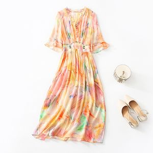 2023 Summer Pink Floral Print Beaded Silk Dress 1/2 Half Sleeve V-Neck Ruffled Midi Casual Dresses C3Q04 Plus Size XXL 5058