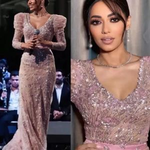 Seksi pembe dubai aso ebi payetler Arapça sırtsız v boyun illüzyonu için boncuklu balo elbiseleri akşam resmi parti ikinci resepsiyon önlükleri vestidos de noiva