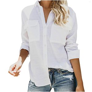 Bluzki damskie Bawełniane lniane t-shirty Casual Klapy Długi rękaw Jednokolorowy Elegancki top z guzikami Raglan Tee Odzież