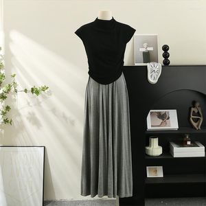 Work Dresses Temperanment Women Skirt Sets Sleeveless O-Neck Black Sheath Shirt Grey HIgh Waist Long Skirts 2pcs Female Versatile OL Suits