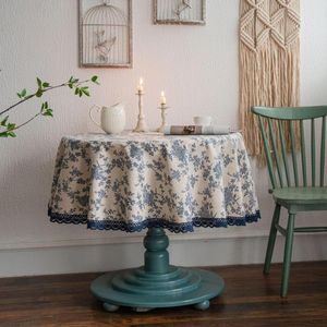Table Cloth Vintage Blue Rose Floral Cotton Linen Fabric Stitching Tassel Round Tablecloth For Kitchen Dining Tabletop Decoration Tea Party