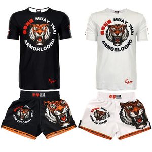 Erkek Şort Tiger Muay Thai Suits Boks Tişört MMA Şort Kızarık Koruma Kısa Kollu Kids Kids Fitness Fight Ahrappling Kickboks Pantolon 230707