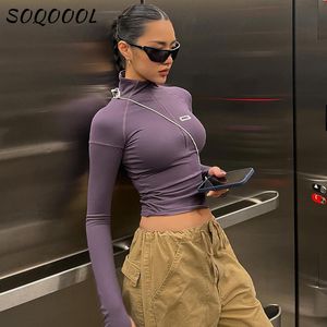 Women's T-Shirt Y2K Zip T Shirt Women Long Sleeve Crop Tops Pullover Stand Collar Slim Skinny Trashy Grunge Y2k Base Tees Sexy Female T-Shirts 230707