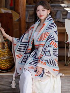 Lenços 2023 Malha Elegante Cachecol Feminino Inverno Vintage Xadrez Poncho Envoltório Feminino Capas Para Mujer Chales Pashmina Xaile Boho