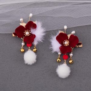 Grampos de cabelo 1 par clipe chinês vermelho floral borla hairpin meninas acessórios hanfu para mulheres presilhas de pérola de pelúcia joias de casamento