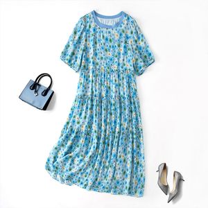 2023 Summer Blue Polka Dot Print Paneled Silk Dress Manica corta Girocollo Abiti casual al ginocchio C3Q04 Plus Size XXL 5090