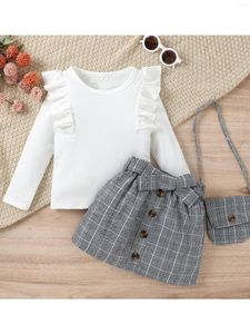 Clothing Sets Girls Fall Outfit Solid Color Ruffle T-Shirt Tops With Born Plaid Skirt Belt Bag - Trendy Clothes For Kids (4-7T)