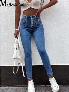 Pantaloni 2021 jeans elastici skinny slim a vita alta da donna bottoni con perline Vintage pantaloni Jean a matita push pantaloni Denim mamma invernale