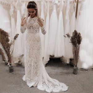 Lace 2023 Boho Mermaid Wedding Dresses Bridal Gown Long Sleeves Sweep Train Jewel Neck Custom Made Vestidos De Novia Plus Size Beach Garden