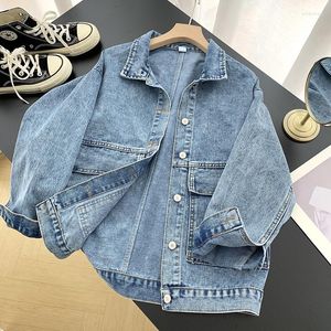 Kadın Ceketleri Vintage Denim Ceket Kadın Gevşek Jean Moda Sonbahar 2023 Katlar Sokak Giyim Kore Mavi Büyük Cepleri