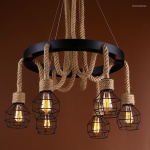 Pendant Lamps Vintage Rope Chandelier E27 Lampshade Spider 6 Lights Lustre Retro Wrought Iron Lamp Fixtures