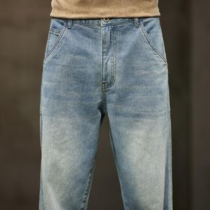 Klänning breda ben jeans män baggy byxor sommar rakt klipp löst retro blå denim byxor streetwear mode fickor vintage man kläder