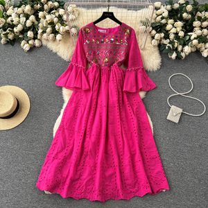 Basic Casual Dresses Bohemian A-line Dress Women New Fashion Summer Round Neck Short Flare Sleeve Hollow Chic Party Clothes Vestidos De Fiesta 2023