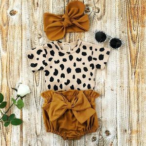 Conjuntos de roupas Fashion Born Toddler Baby Girls Roupas com estampa de leopardo Manga curta Romper Tops Laço Shorts Headband 3pcs Outfit Set