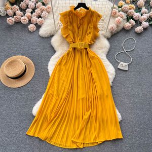 Basic Casual Dresses New Fashion Chiffon Pleated Dress for Women Summer French Flying Sleeve Solid Color Party Clothes Vestidos De Verano Mujer 2023