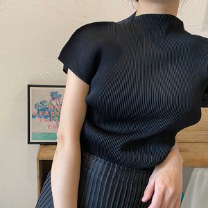 T-shirt damski Miyake plisowany pół zabudowany na szyję profil czarne koszulki damskie lato moda koreańska przyczynowe topy projektant estetyczna odzież 230707