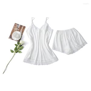 Women's Sleepwear Sexy V-Neck Strap Top&Shorts 2PCS Rayon Sleep Suit Women Sweet Lace Trim Home Wear Summer Casual White Nightwear