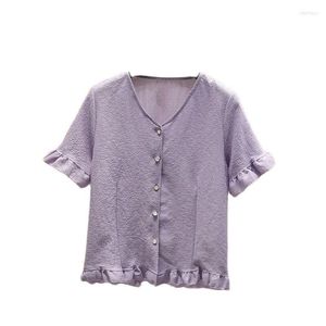 Women's Blouses 2023 Summer Purple Wild Temperament V Neck Short Sleeve Women's Student Shirt Fat M Chiffon Loose Ladies Black Top