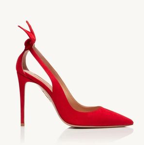 Luxury designer red sandal women pumps Aquazzura- BOW TIE PUMP Suede leather pointed toe cutout slingback lady wedding bride dress shoes EU35-42