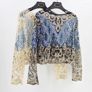 Damblusar Bling Kvinnor Body Crop Top Blus Feminina Blommig Ruttig Broderad Spets Mesh Långärmad Kortskjorta med paljetter och pärlor