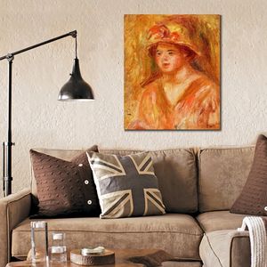 Fine Canvas Art Bust of A Young Girl in A Straw Hat Handmade Pierre Auguste Renoir Painting Modern Restaurant Wall Decor