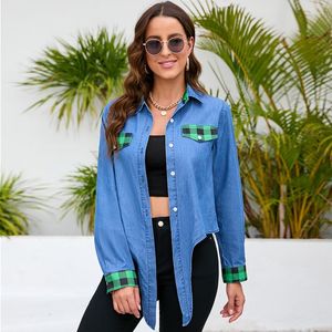 Blusas Femininas 2023 Temperamento Início da Primavera Feminino Denim Cardigã Verde Grade Emenda Manga Comprida Lapela Botão de Seio Único