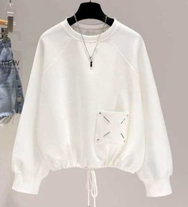 Design Pocket Pullovers vit Dam Kort fåll Dragsko Toppar Långärmad Vår Höst Trend Pullover Mode Löströja
