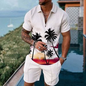 Mens Tracksuits Hawaiian Polo Shirt 2 Piece Outfit Summer 3D Coconut Palm Print Man Fashion Luxury Vacation Short Sleeve Tracksuit Set 230707