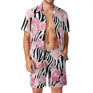 メンズジャージゼブラプリント休暇男性セットピンクバラカジュアルシャツセット夏のパターンショーツツーピーストレンディなスーツプラスサイズ 2XL 3XL