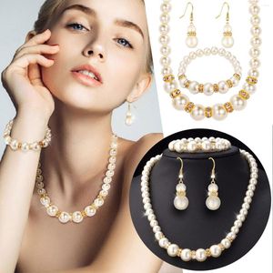 Conjunto de colar de brincos elegante luxo joia feminina pérola pulseira três peças