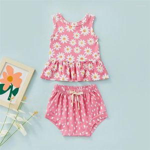 Klädset Babytjejer Sommarkläder Blomma Prickar Mönster Ärmlösa toppar Elastisk midja volang Dekorationsshorts 2-delat set