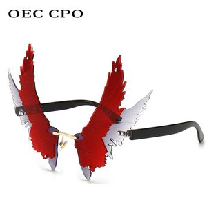 OEC CPO Unique Wing Rimless Sunglasses Women Fashion Big Frame Steampunk Sunglasses Female Frameless Colorful Party Glasses Men