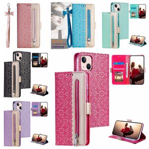 Reißverschluss Spitze PU Leder Brieftasche Hüllen für iPhone 15 14 Plus Pro max Samsung S23 Ultra A54 A34 A14 5G Mode Blumen Kartentasche ID Slot Magnet Flip Cover Tasche Schleife Lanyard