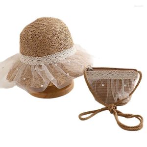 Chapéus de aba larga XEONGKVI coreano broto de seda pérola conjunto de bolsas de sol para pais e filhos primavera verão praia palha criança para meninas mulheres