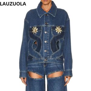 Womens Jackets Fashion Elegant Cut Out Blue Denim Jacket Women Long Sleeve Casual 2 Piece And Jeans Pant Suit Outfit 230707