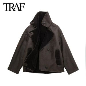 Pants Traf Women Fashion Winter New Faux Fur Fleece Jacket Longsleeved Lapel Chic Female Singlebreasted Warm Short Coats Mujer