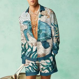 Erkek Trailtsuits Kaplumbağa Baskılı Erkek Gömlek Twopiece Set Hawaii Hızlı Kurutma Uzun Kollu Gömlek Plajı Günlük Açık Moda Tops 230707