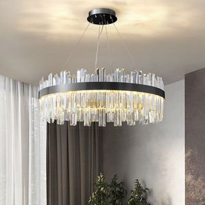 Modern Black Led Crystal Chandelier Pendant Lamps Luxury Living Dining Room Decoration Light Fixture Round Home Decor Hanging Cristal Lamp