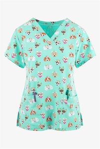 Abito estivo con scollo a V Top Scrub Donna Stampato Uniforme da lavoro Camicia Manica corta Scollo a V Uniforme Blusas Abito da infermiera Tunica da infermiera Uniforme