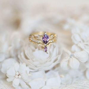 Cluster Rings "Flower Branch Fairy" Beautiful Retro Flower Like Curtain Yarn Natural Amethyst Inlaid 925 Sterling Silver Ring