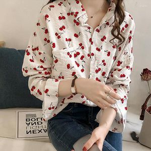 Bluzki damskie 2023 wiosna kobiety Chic Chrry kwiatowy drukowane koszule z długim rękawem Vintage luźna wygodna bluzka