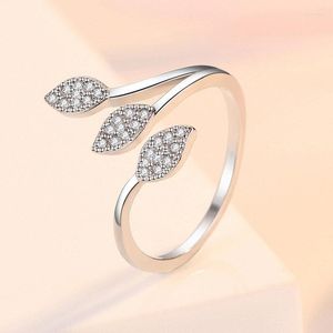 Cluster Rings S925 S925 Silver Sterling Fine 3 Leaves Zircon Open End Ring For Women Korean Fashion Charm Gift Wedding Gift Jewelry