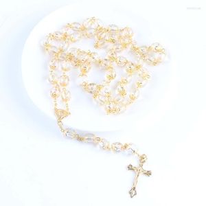 Pendant Necklaces 2023 Long Mens Womans Gold-Color Rosary Necklace With Cross 6mm Beads Fashion Jewelry Wedding Gift