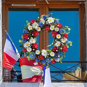 Dekorativa blommor 40 cm konstgjord krans Självständighetsdagen Veteraner Ytterdörr Röd Blå Vit Blomma 4 juli Patriotisk hemdekoration