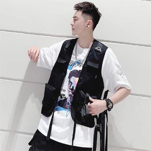 Coletes masculinos 2023 fitas de verão multibolsos techwear colete cargo tático para homens punk hip hop jaqueta sem mangas