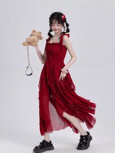 Abiti casual 2023 Summer Red Midi Dress Sweet Party Waistband Slimming Korean Style Fashion Slip irregolare